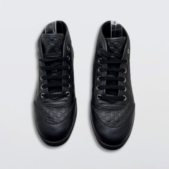 Gucci Guccissima High-Top Sneaker Shoes Monogram Embossed Leather Black W US 37 - Picture 1 of 14
